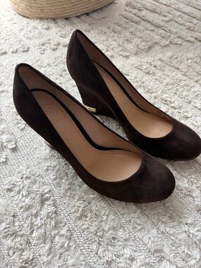 Tory Burch Dark Brown Suede Wedge Pumps
